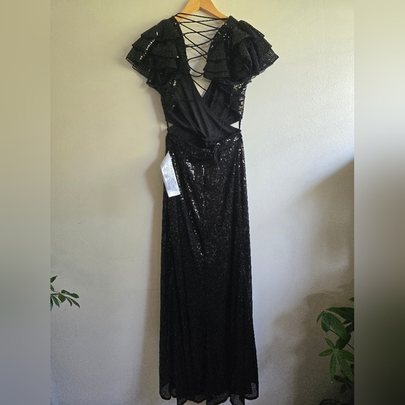 Mac Duggal, Sequined Ruffled Cut-out Lace-up Gown, Black, Size 8‎ - NWOT. - Picture 7 of 13